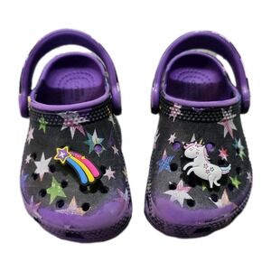Crocs Toddler 6C Star Print Clogs Purple Waterproof Unicorn Rainbow Jibbitz